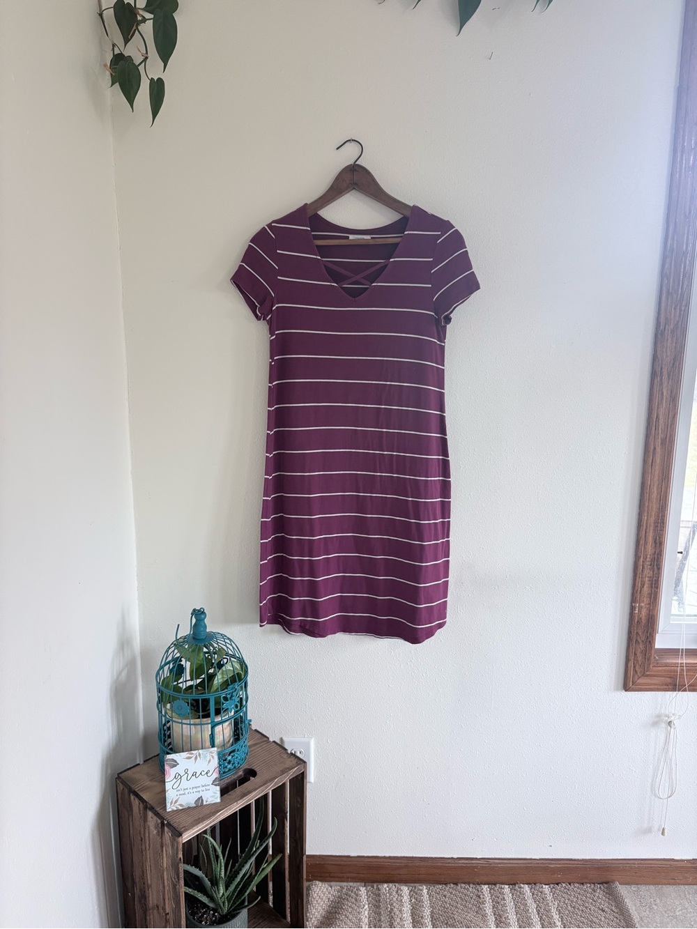 Maurices XS Burgundy Striped T-Shirt Dress Criss Cross V Neck Casual